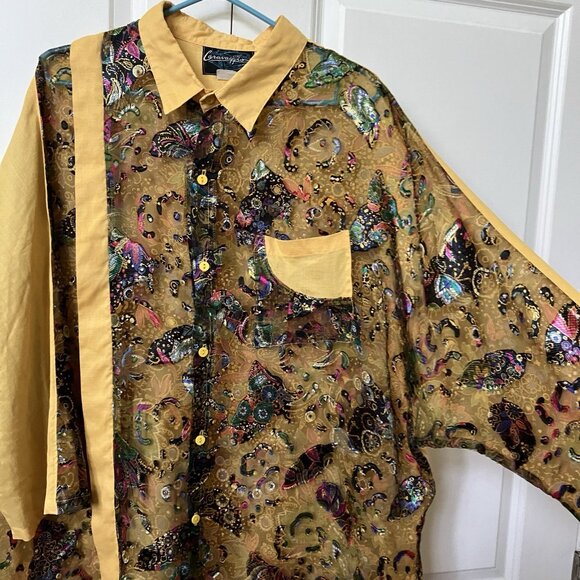 Vtg Caravaggio Linen Shirt Womens Sheer Mixed Material Funky Art to Wear Italy - Picture 5 of 6